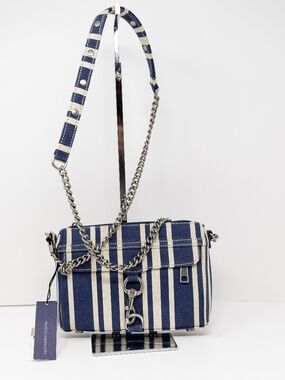 NEW Rebecca Minkoff Mini MAC Navy Blue White Stripe Print Canvas Crossbody Purse